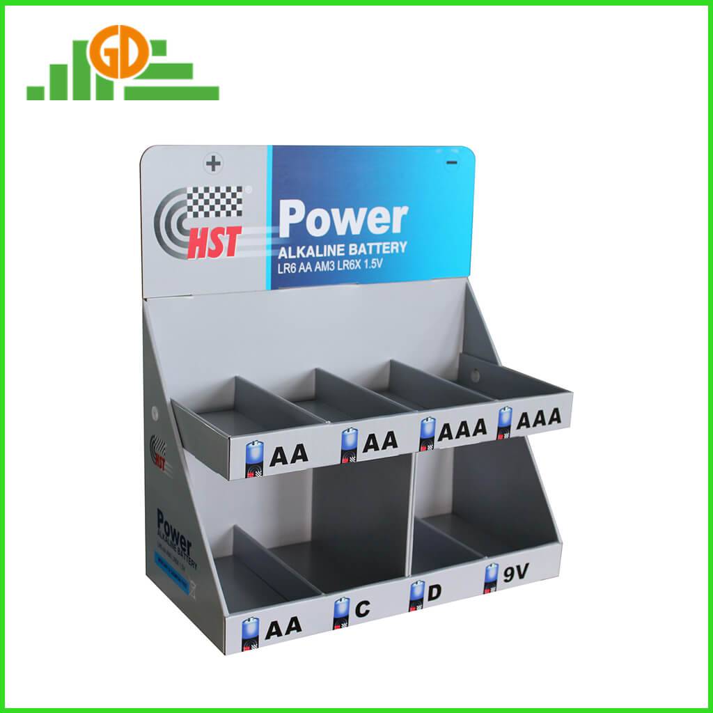 Caja de exhibición de la mesa de cartón de 2 estantes para la venta de la batería