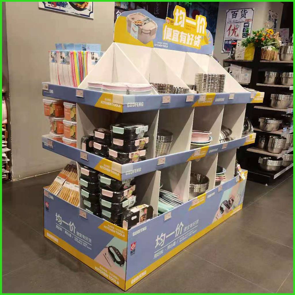 Exhibición de la plataforma de la cartulina acanalada de la posición para los utensilios de cocina en el supermercado