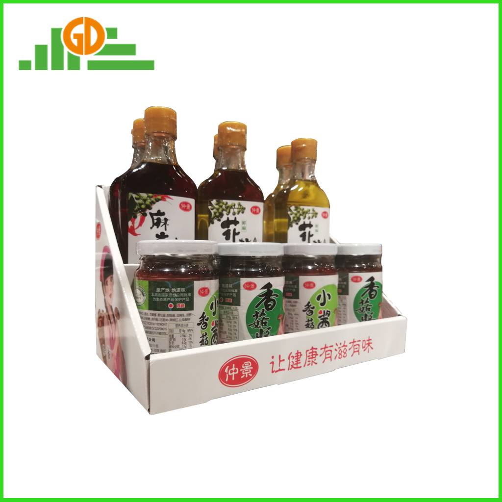 POS Estante de exhibición de mostrador de cartón de 2 niveles personalizado para productos de botella en la tienda Exhibición de mostrador de salsa al por menor