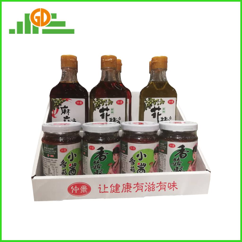 POS Customized 2-tier cardboard counter display shelf for bottle product in store retail sauce counter display