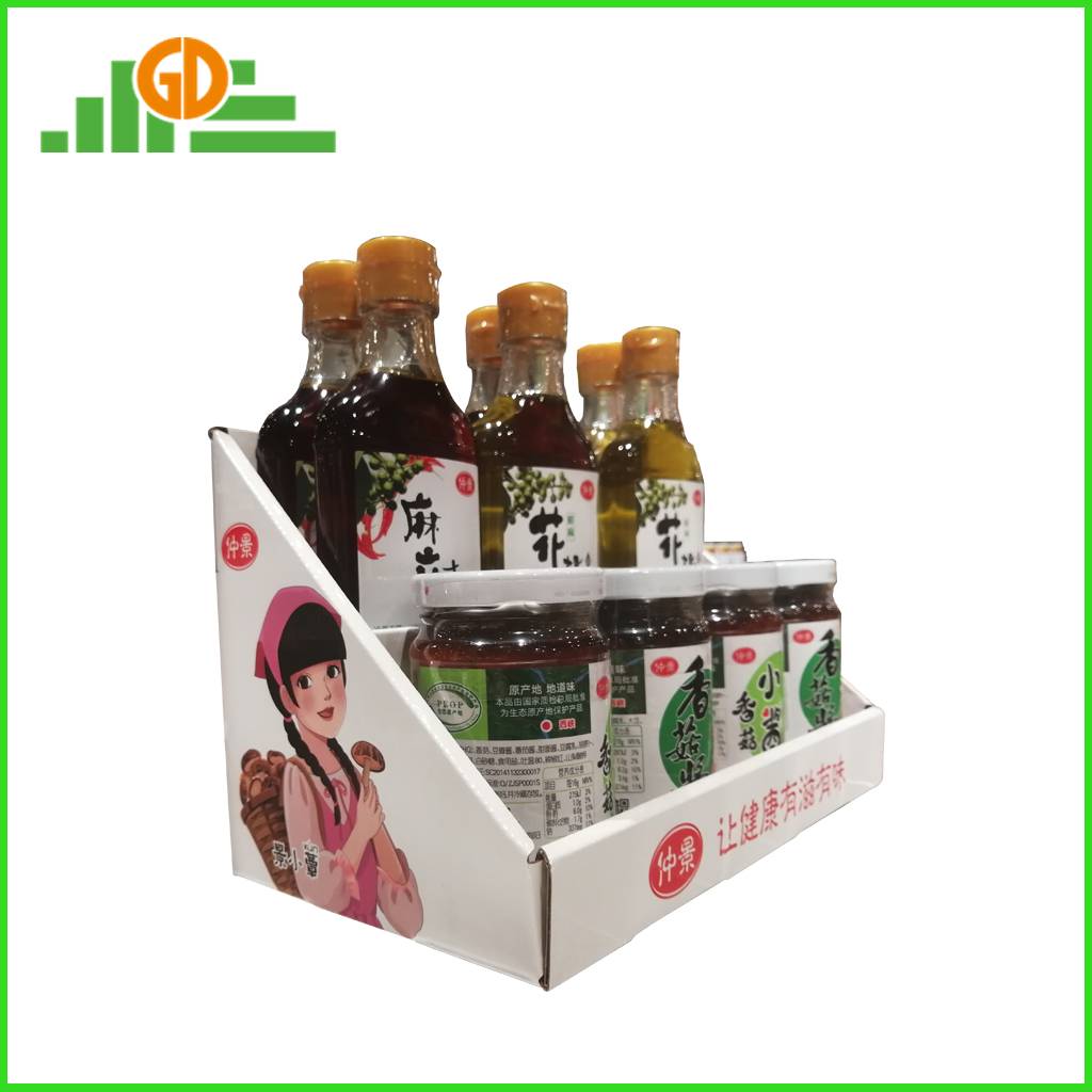 POS Customized 2-tier cardboard counter display shelf for bottle product in store retail sauce counter display