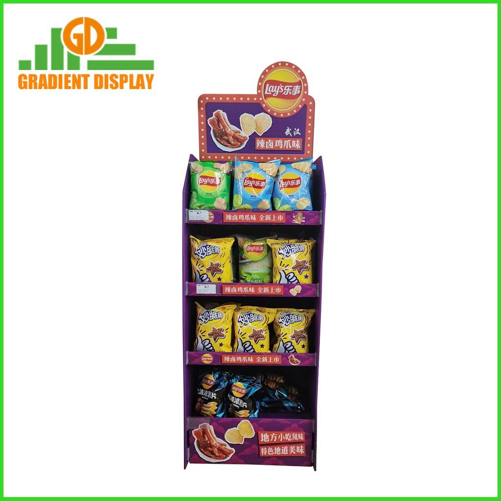 Customized 4 shelves cardboard display for Chips in the supermarket Chips display stand